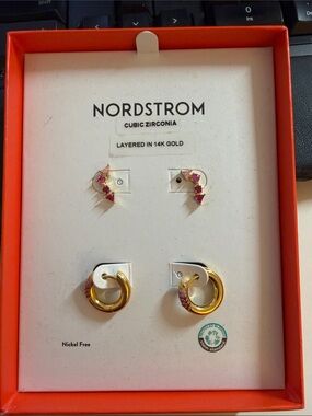 Nordstrom Gold and Pink Cubic Zirconia Layered Earring Set